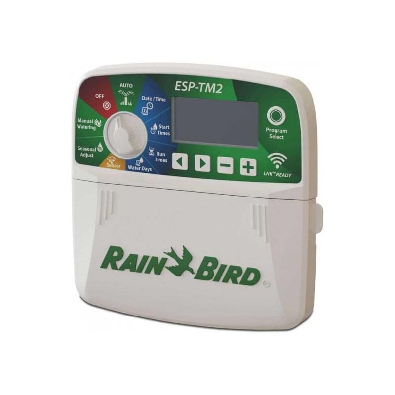 Programador de riego RAIN BIRD de 6 estaciones ESP-TM2 230V para uso interior.